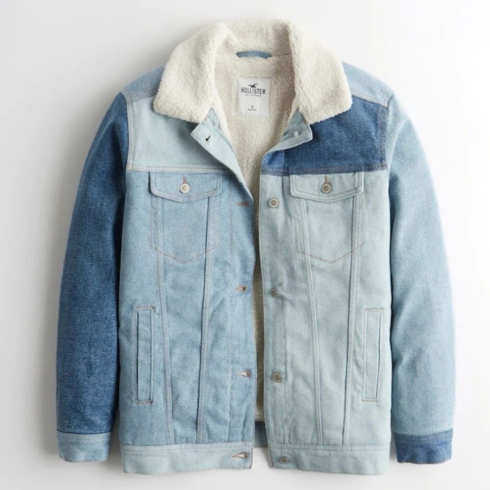 Hollister Patchwork Sherpa Lined Denim Jean Jacket Button Down Size L